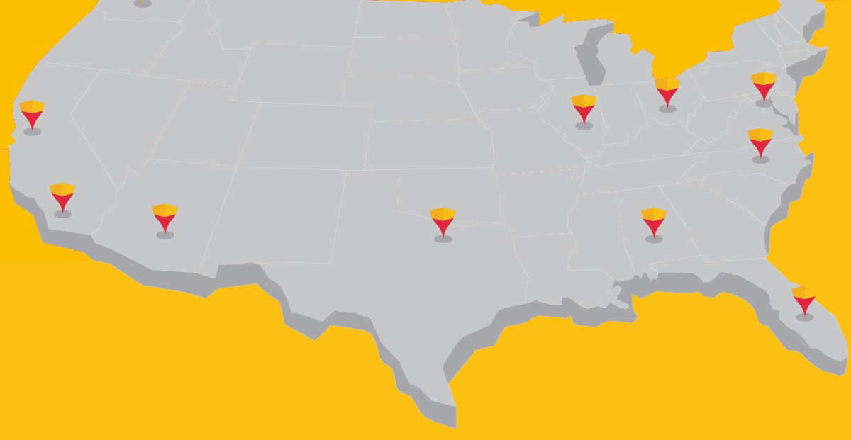 Map of 11 SLAM distribution centers across the United States